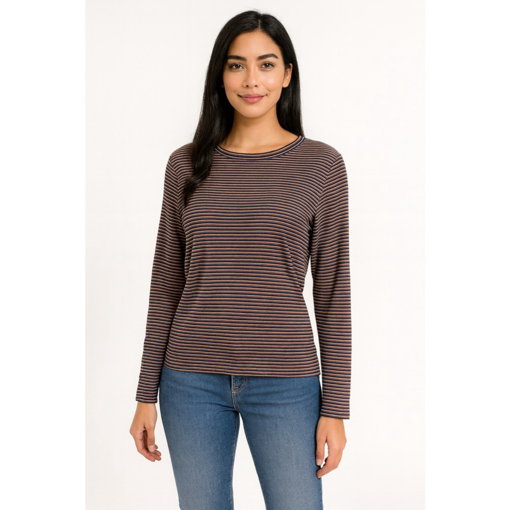 Women's A New Day Long Sleeve Striped Tee M Brown Navy